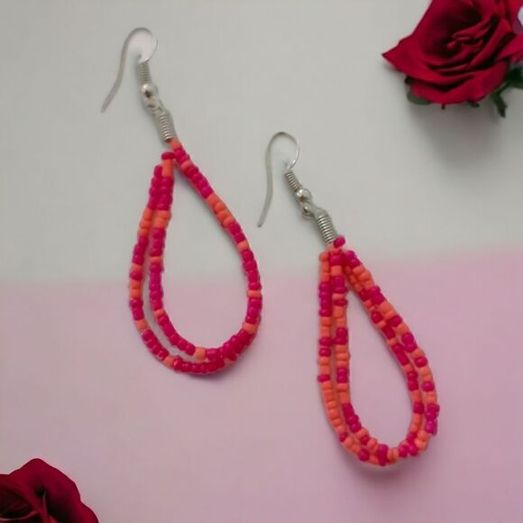 Seed Bead TearDrop Earrings Pink Coral Silver Tone Summer Festival Dangle Spring - Picture 10 of 16